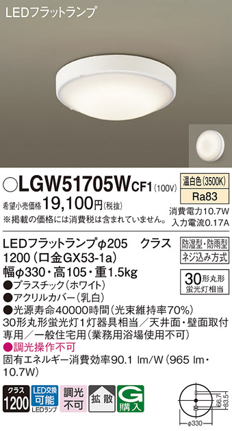 天井直付型・壁直付型　LED(温白色)　シーリングライト　拡散タイプ　防湿型・防雨型　丸形蛍光灯30形1灯器具相当