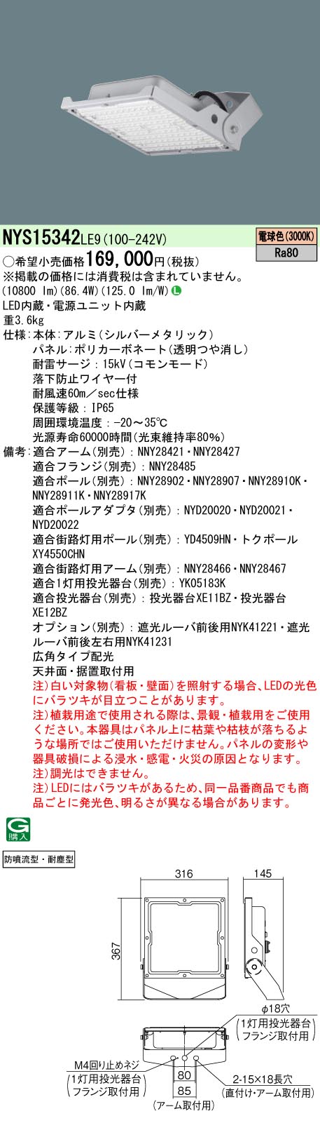 天井直付型・据置取付型　LED(電球色)　投光器　広角タイプ配光　防噴流型・耐塵型　パネル付型　水銀灯400形1灯器具相当　水銀灯400形